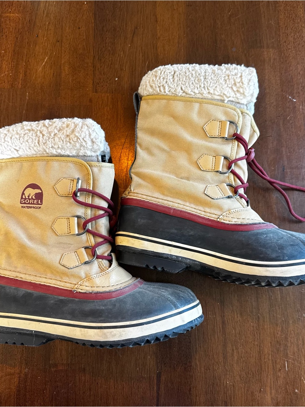 Sorel Tan and Burgundy Waterproof Winter Boots with Faux-Shearling Cuff